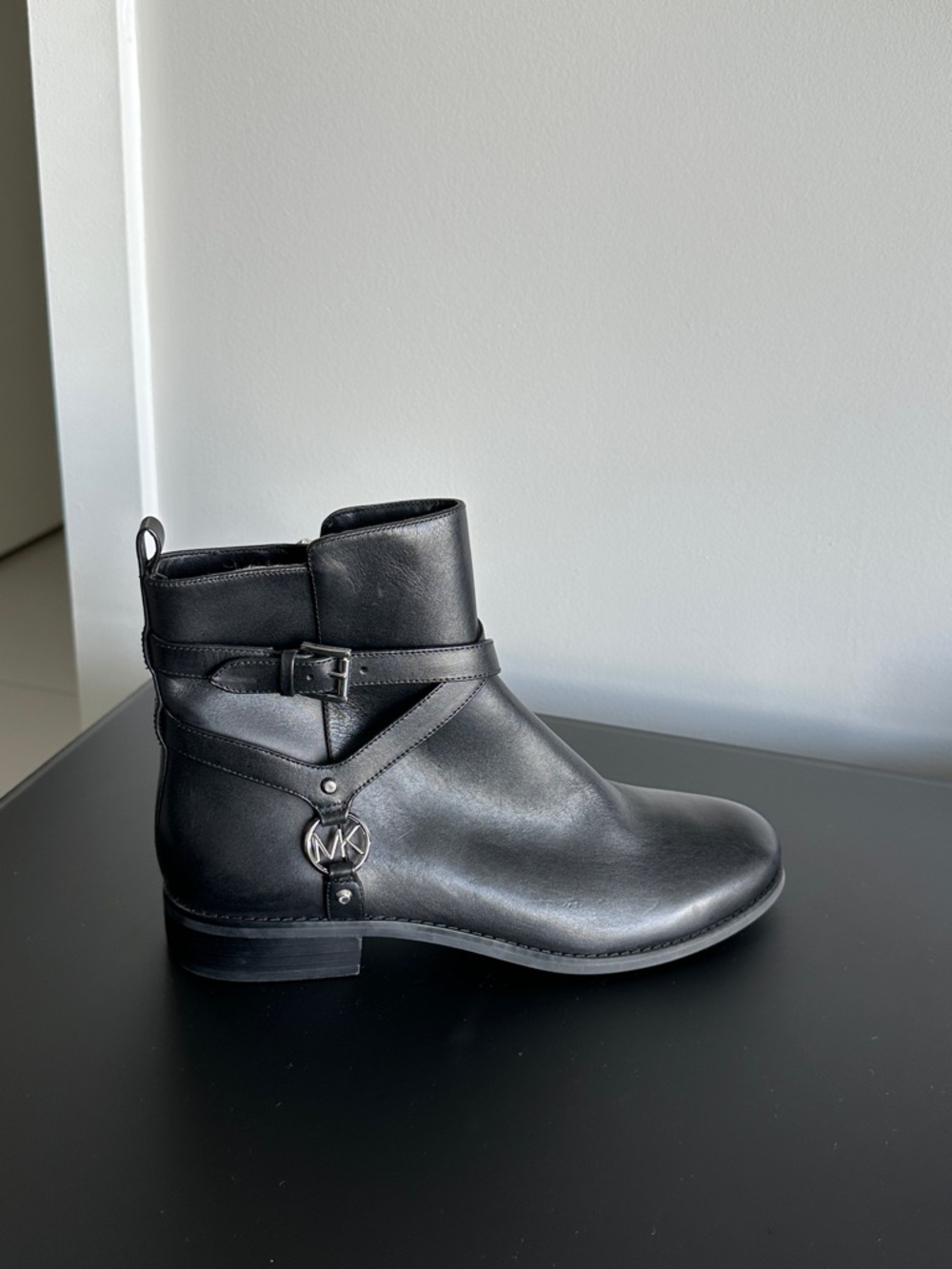 Michael Kors Black Leather Buckle Ankle Boots with MK Charm